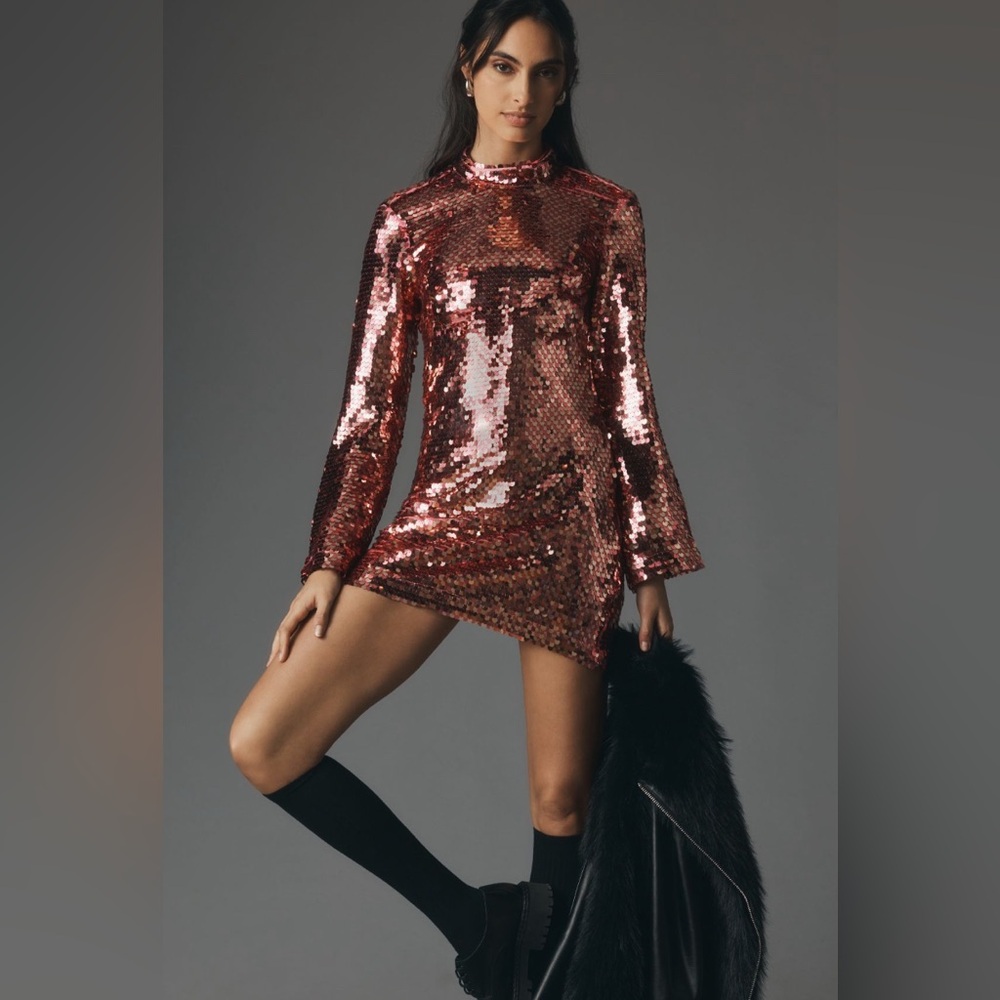 NWT Anthropologie Maeve Long-Sleeve Mock-Neck Sequin Mini Dress — Pink — XLP